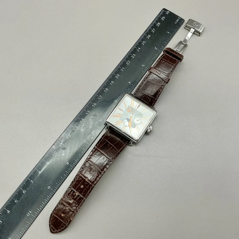 GC Watch Men's GC34000 Swiss Moon Phase Square Brown Leather NEW BATTERY 38mm